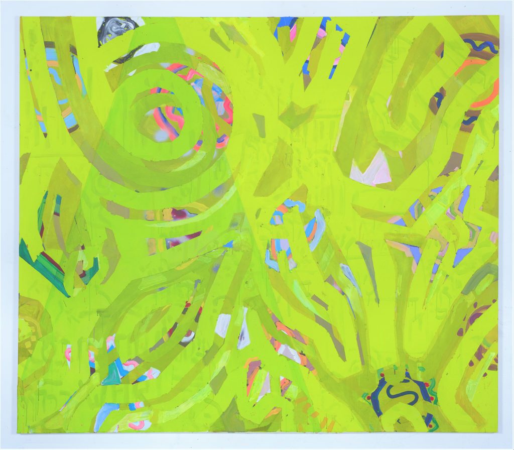 "Traces in time", 200 x 220 cm, Acryl, Sprühfarbe auf zusammengenähtem Nessel, 2022
